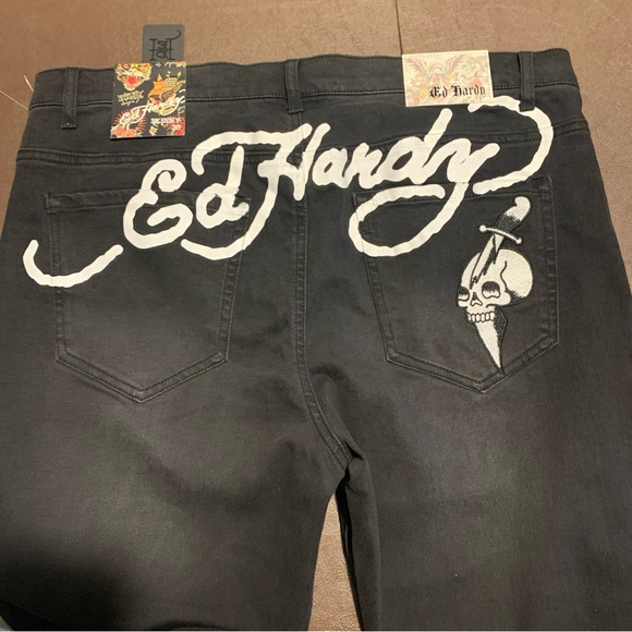 Ed Hardy Jeans Mens Sz 38x30 Black Embroidered Skull Denim Skinny - Picture 1 of 9